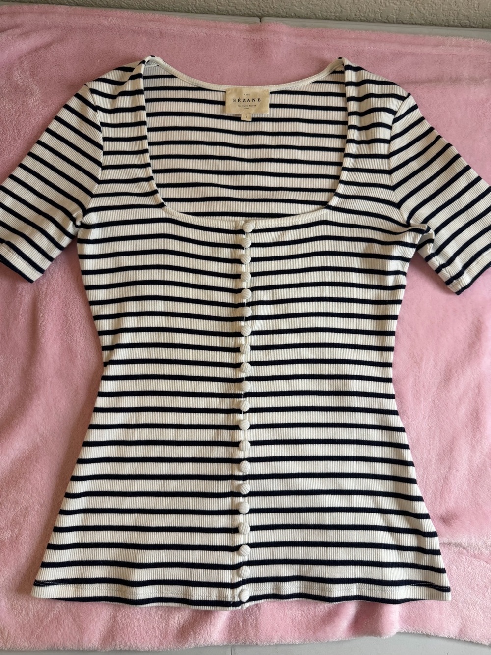 Sezane White and Navy Striped Scoop Neck Button-Front Tee